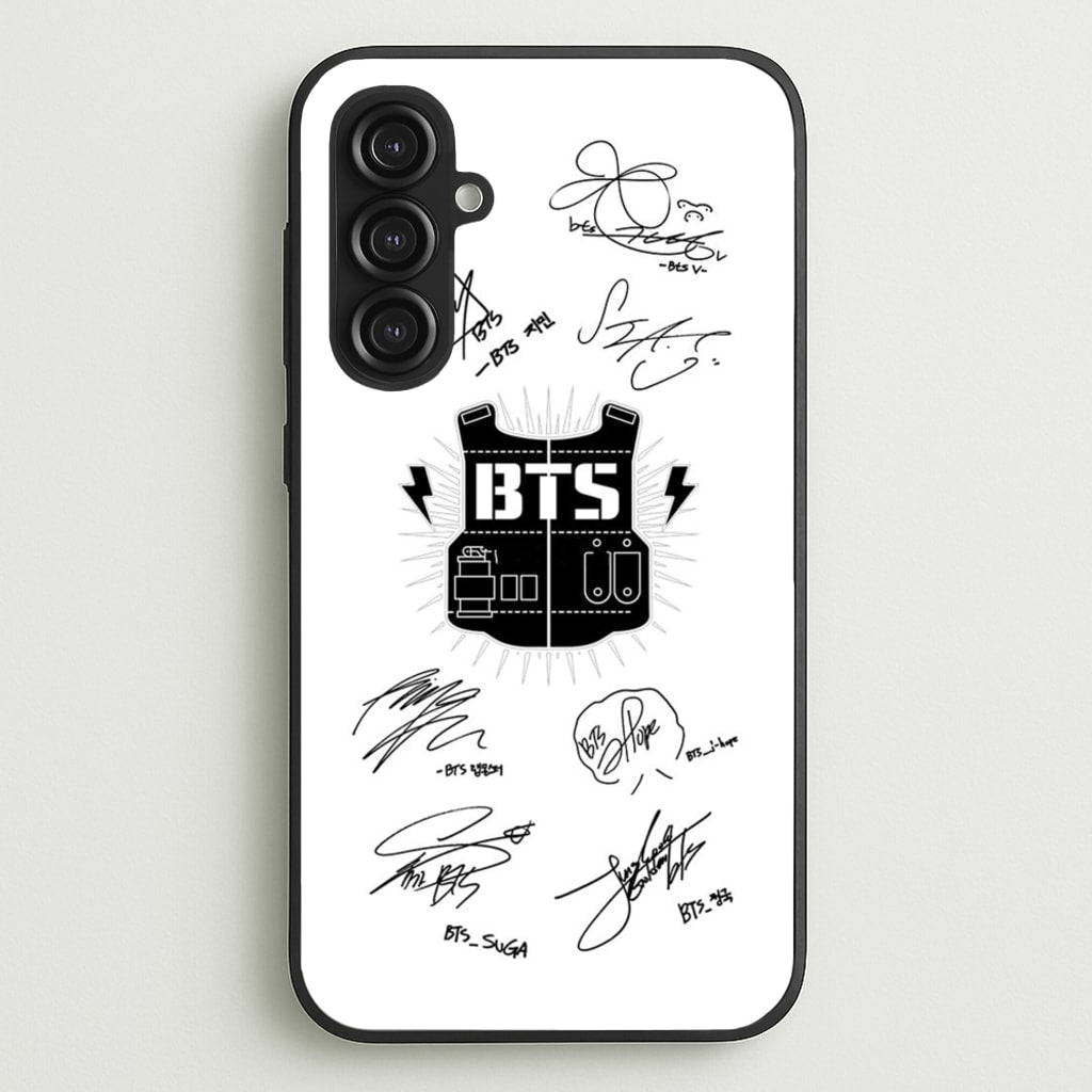 White K-Pop Band Army Logo and Signatures - BTS Phone Case for Galaxy S23FE