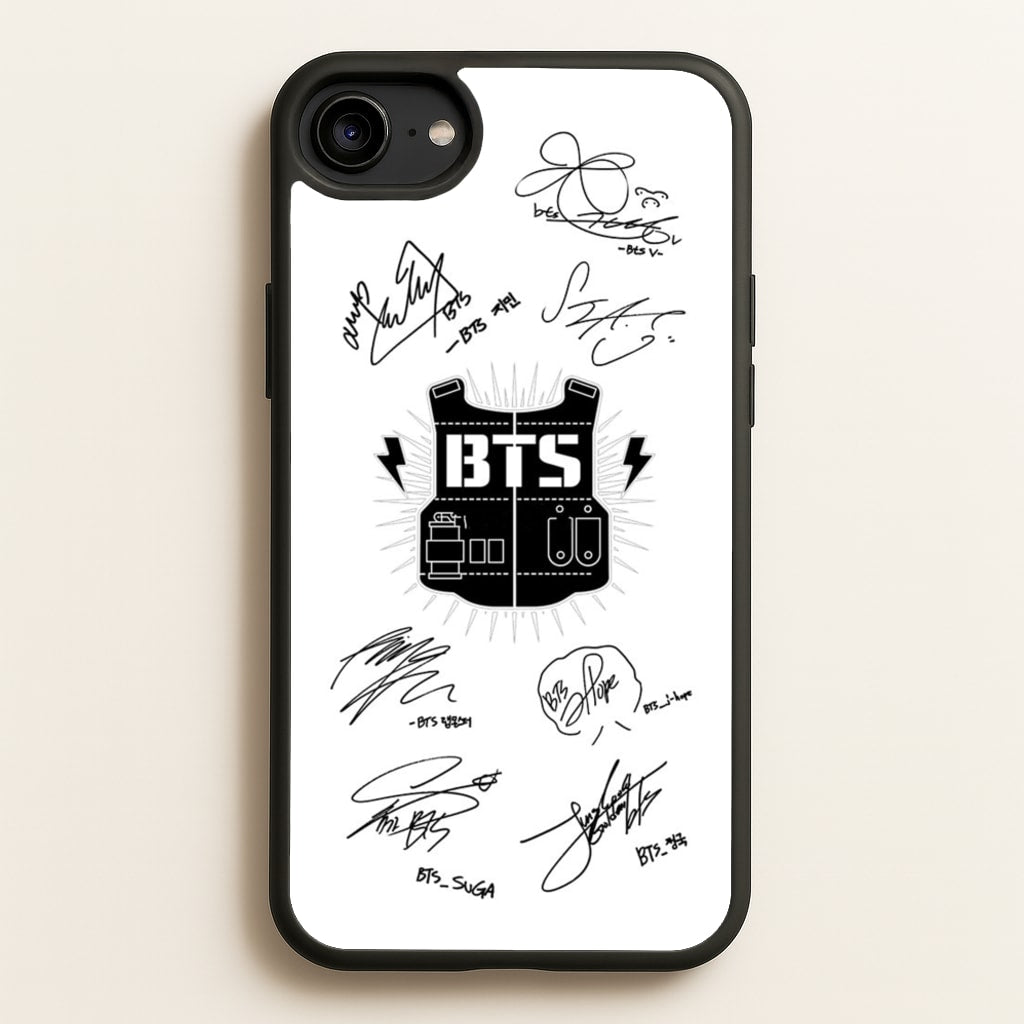 White K-Pop Band Army Logo and Signatures - BTS Phone Case for iPhone 6 / 7 / 8 / SE