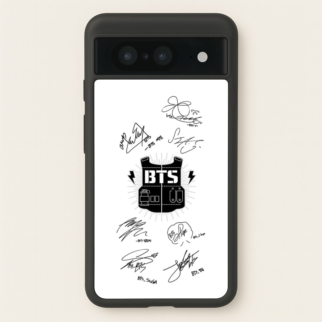 White K-Pop Band Army Logo and Signatures - BTS Phone Case for Google Pixel 8