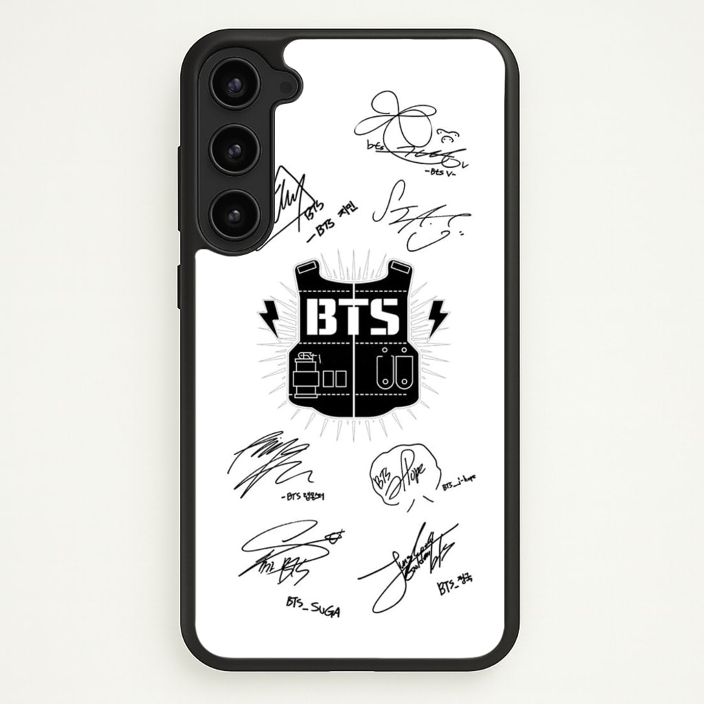 White K-Pop Band Army Logo and Signatures - BTS Phone Case for Galaxy S23 Plus