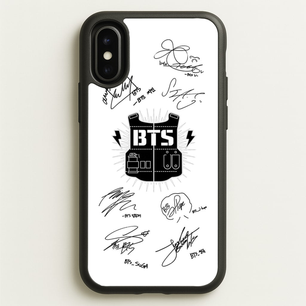 White K-Pop Band Army Logo and Signatures - BTS Phone Case for iPhone X / XS