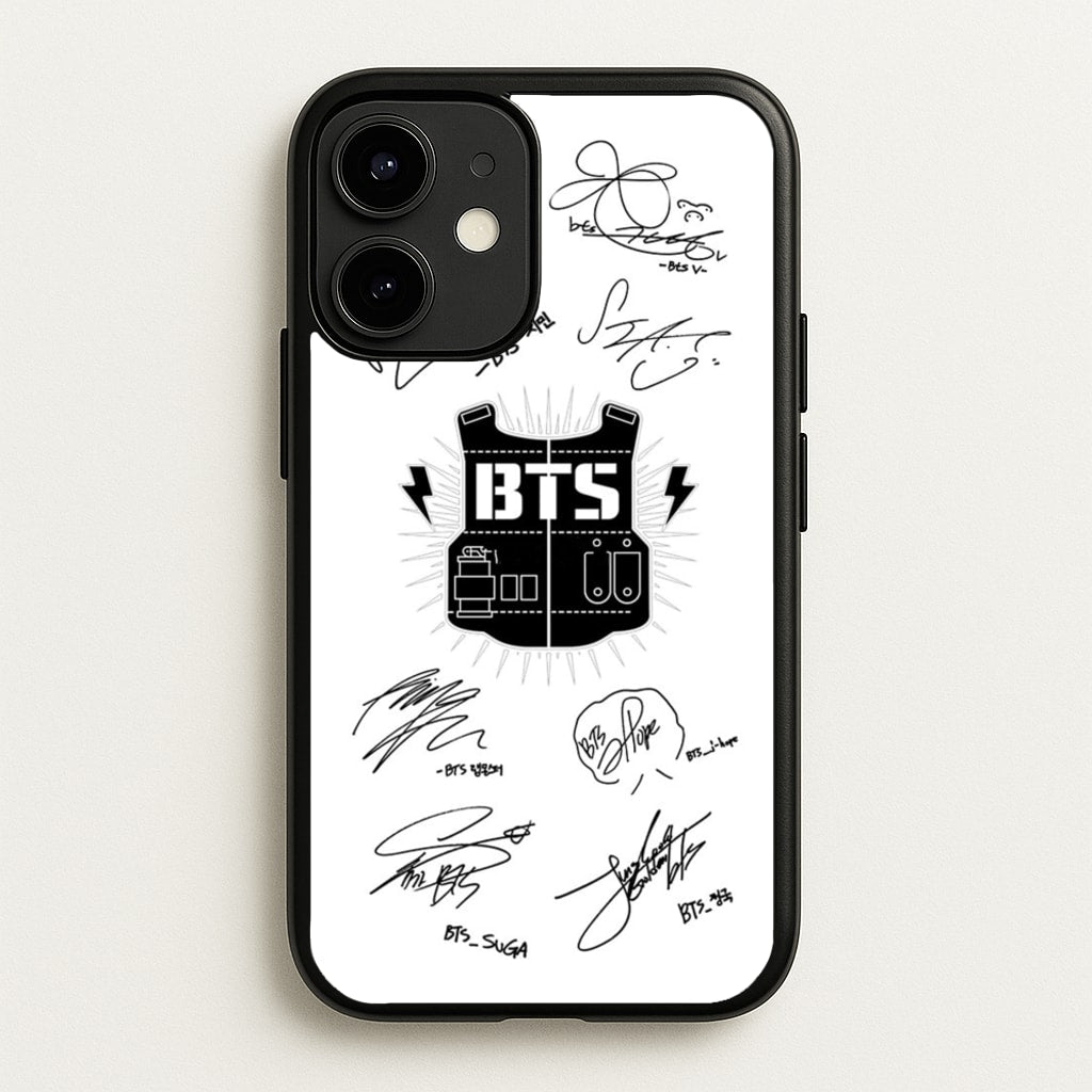 White K-Pop Band Army Logo and Signatures - BTS Phone Case for iPhone 12 / 12 Pro