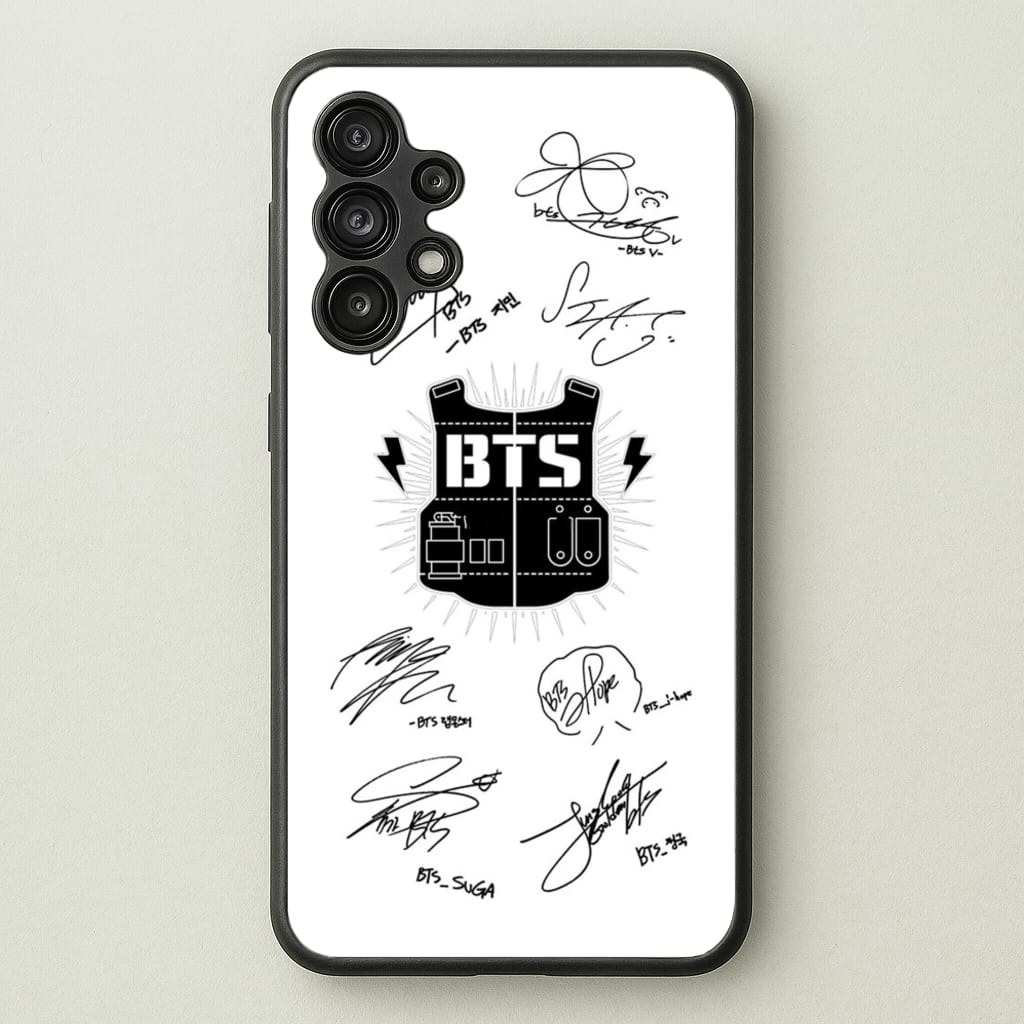 White K-Pop Band Army Logo and Signatures - BTS Phone Case for Galaxy A13