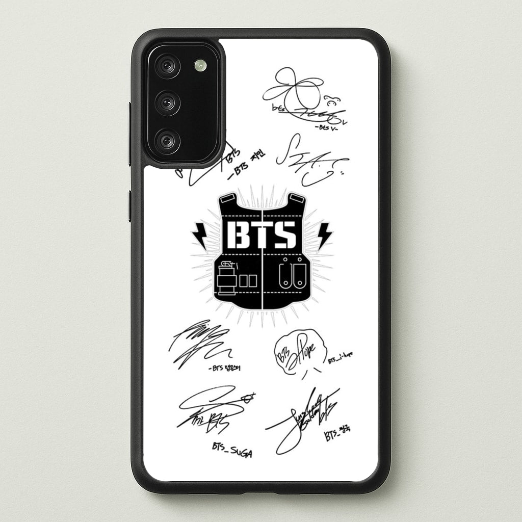 White K-Pop Band Army Logo and Signatures - BTS Phone Case for Galaxy S20FE