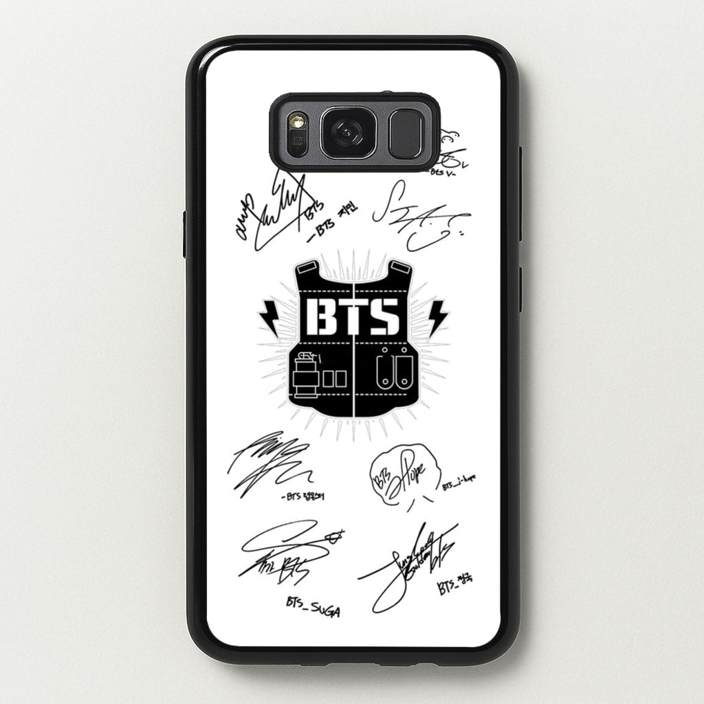 White K-Pop Band Army Logo and Signatures - BTS Phone Case for Galaxy S8 Plus