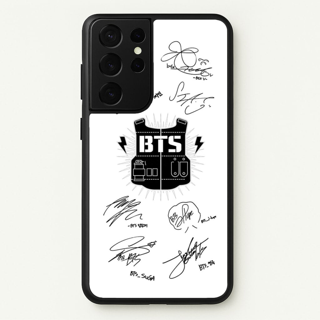 White K-Pop Band Army Logo and Signatures - BTS Phone Case for Galaxy S21 Ultra