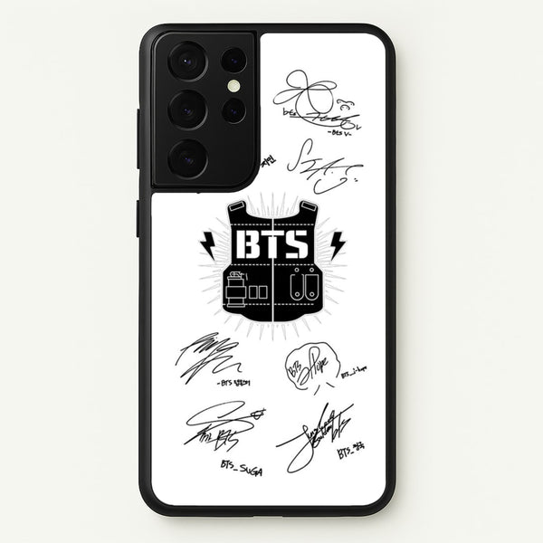 White K-Pop Band Army Logo and Signatures - BTS Phone Case for Galaxy S21 Ultra