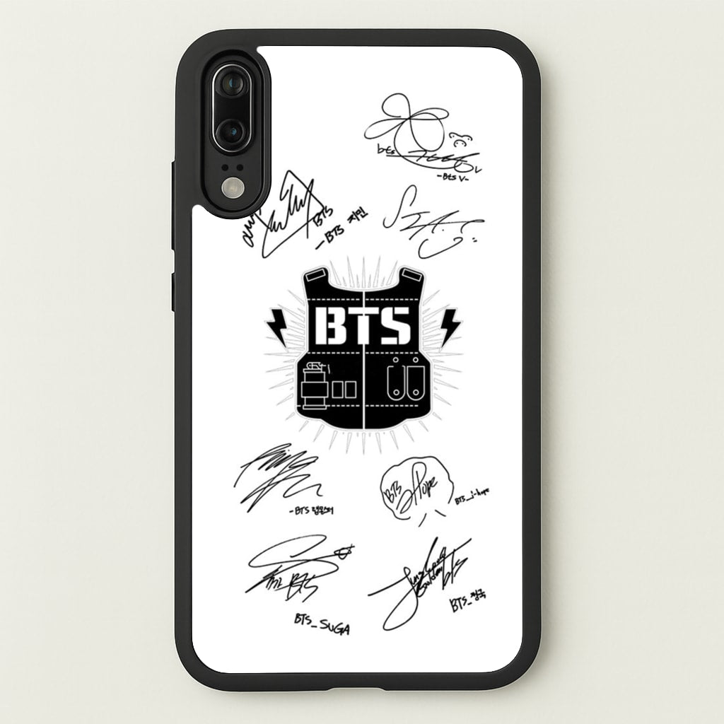 White K-Pop Band Army Logo and Signatures - BTS Phone Case for Huawei P20