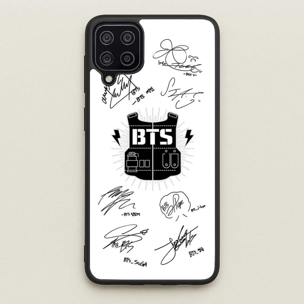 White K-Pop Band Army Logo and Signatures - BTS Phone Case for Galaxy A12