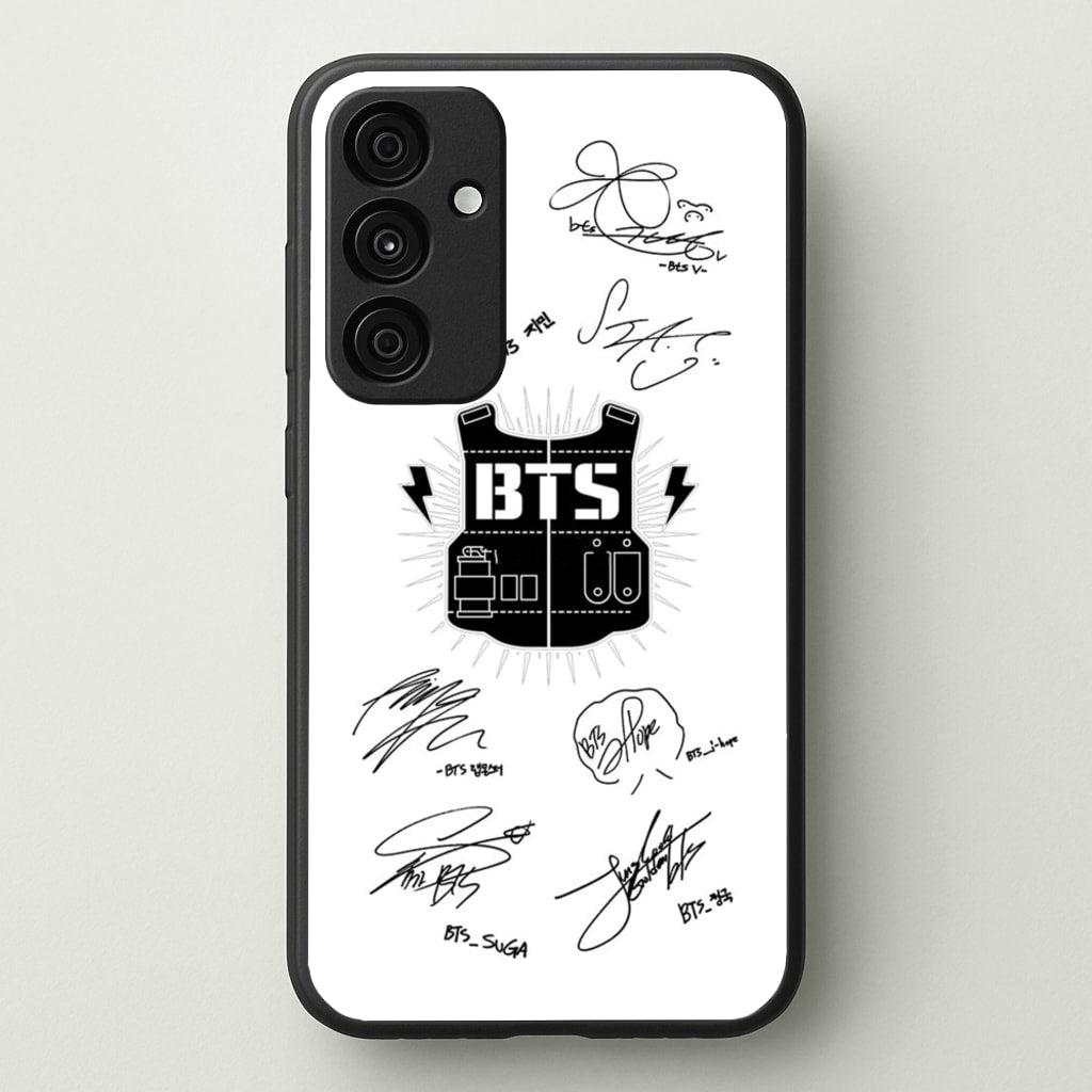 White K-Pop Band Army Logo and Signatures - BTS Phone Case for Galaxy A15