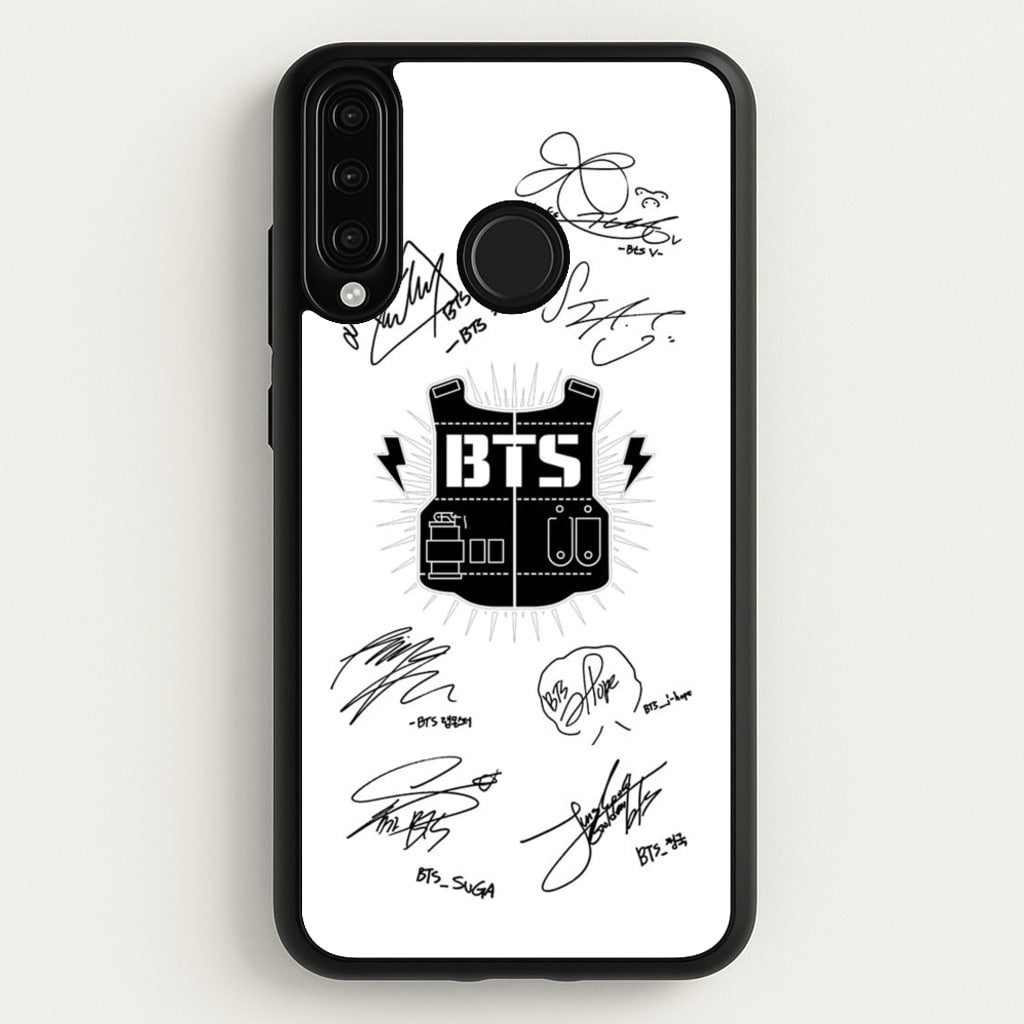 White K-Pop Band Army Logo and Signatures - BTS Phone Case for Huawei P30 Lite