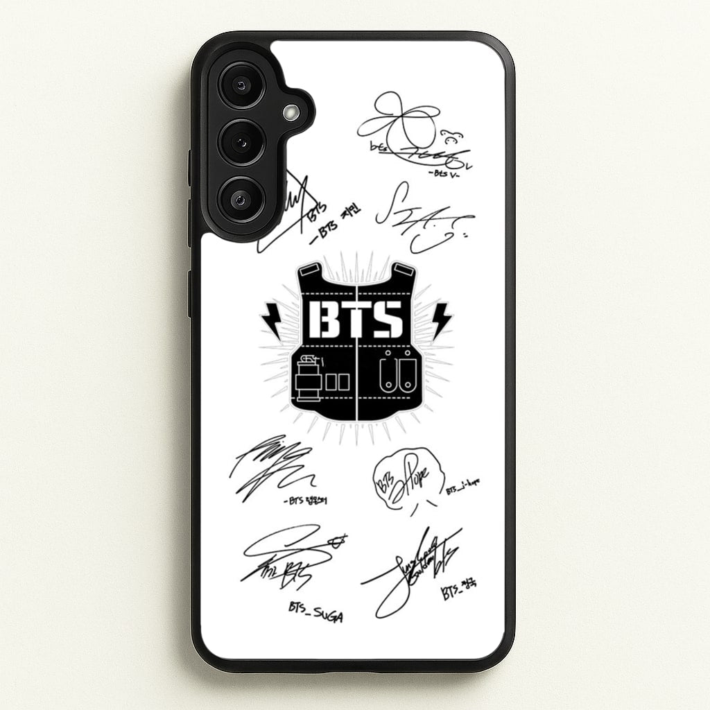 White K-Pop Band Army Logo and Signatures - BTS Phone Case for Galaxy A36