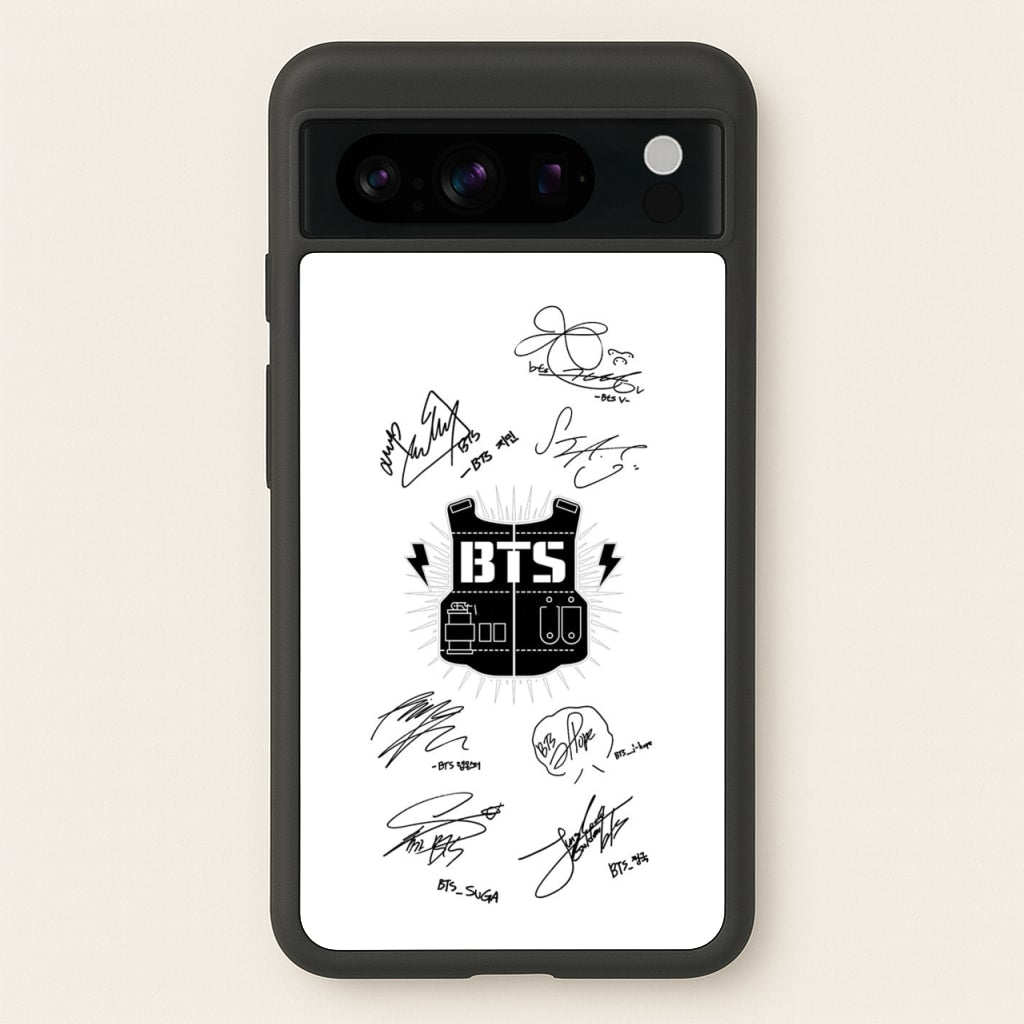 White K-Pop Band Army Logo and Signatures - BTS Phone Case for Google Pixel 8 Pro