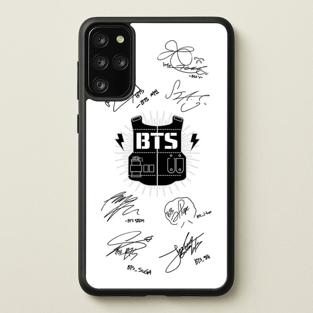 White K-Pop Band Army Logo and Signatures - BTS Phone Case for Galaxy S20 Plus
