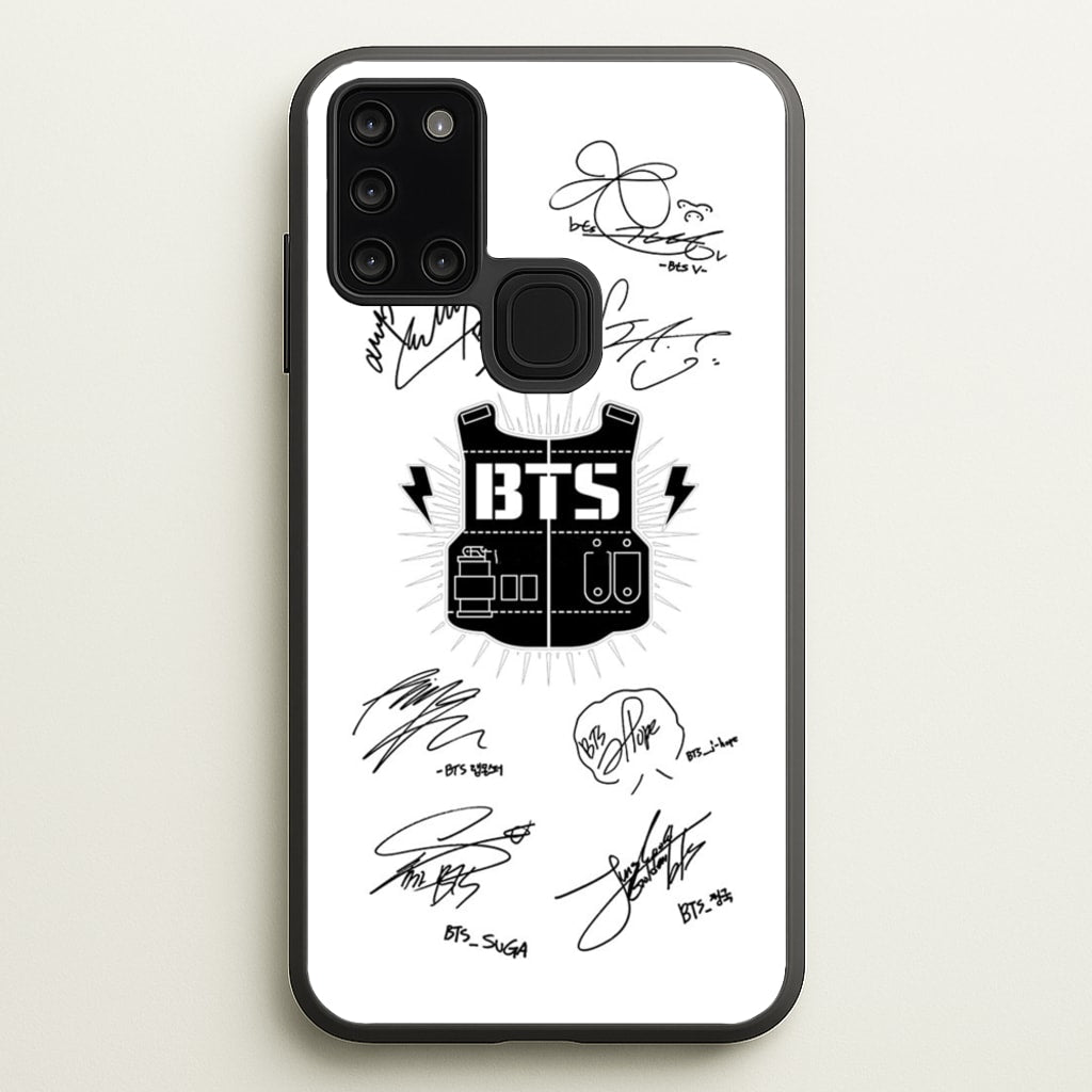 White K-Pop Band Army Logo and Signatures - BTS Phone Case for Galaxy A21s