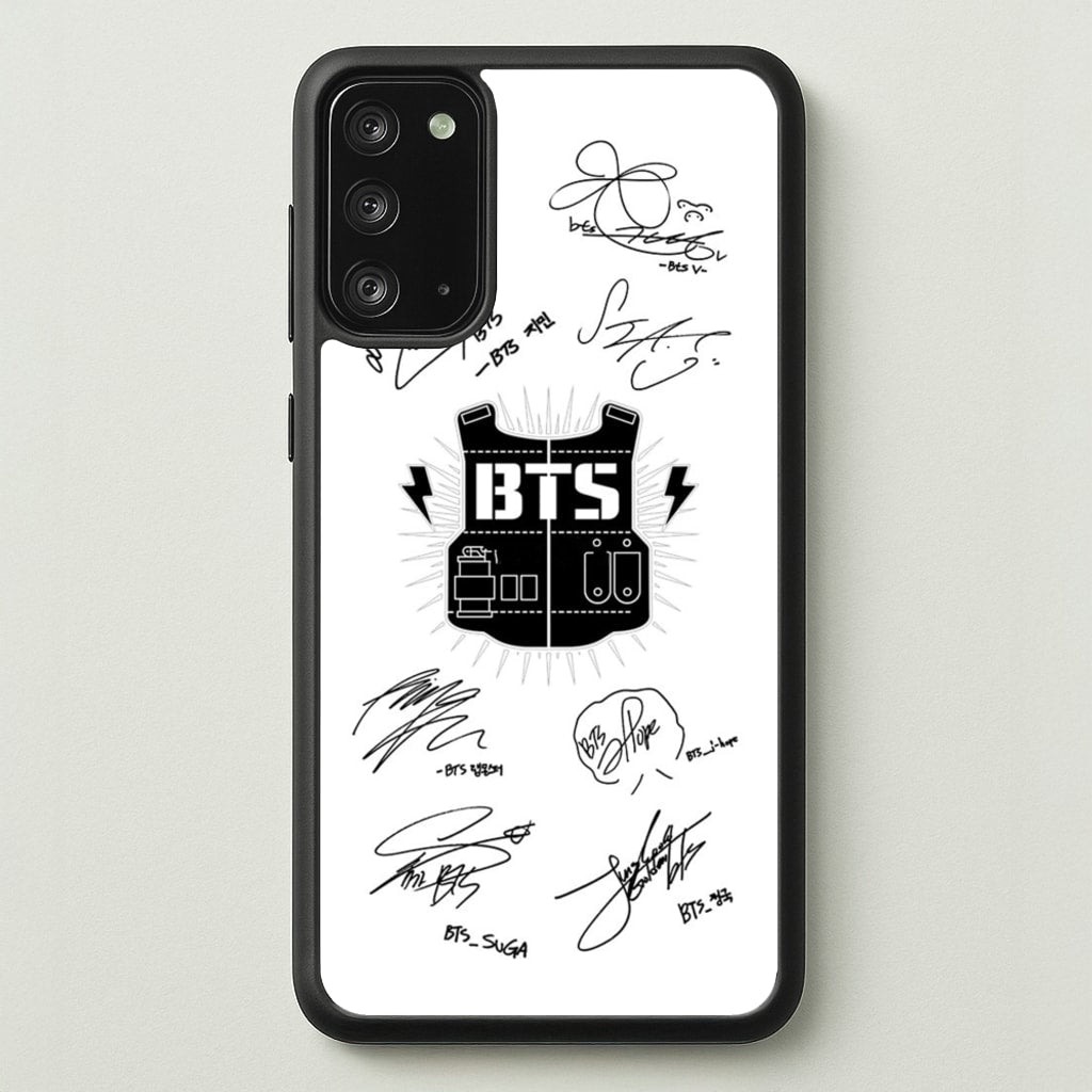 White K-Pop Band Army Logo and Signatures - BTS Phone Case for Galaxy Note 20