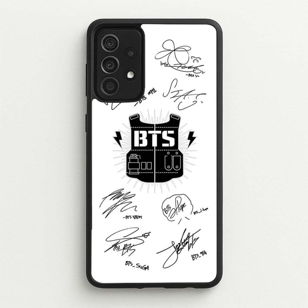 White K-Pop Band Army Logo and Signatures - BTS Phone Case for Galaxy A52 / A52s