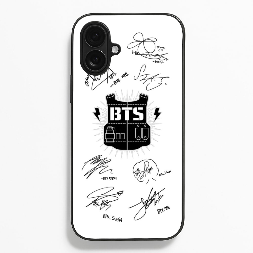 White K-Pop Band Army Logo and Signatures - BTS Phone Case for iPhone 16 Plus