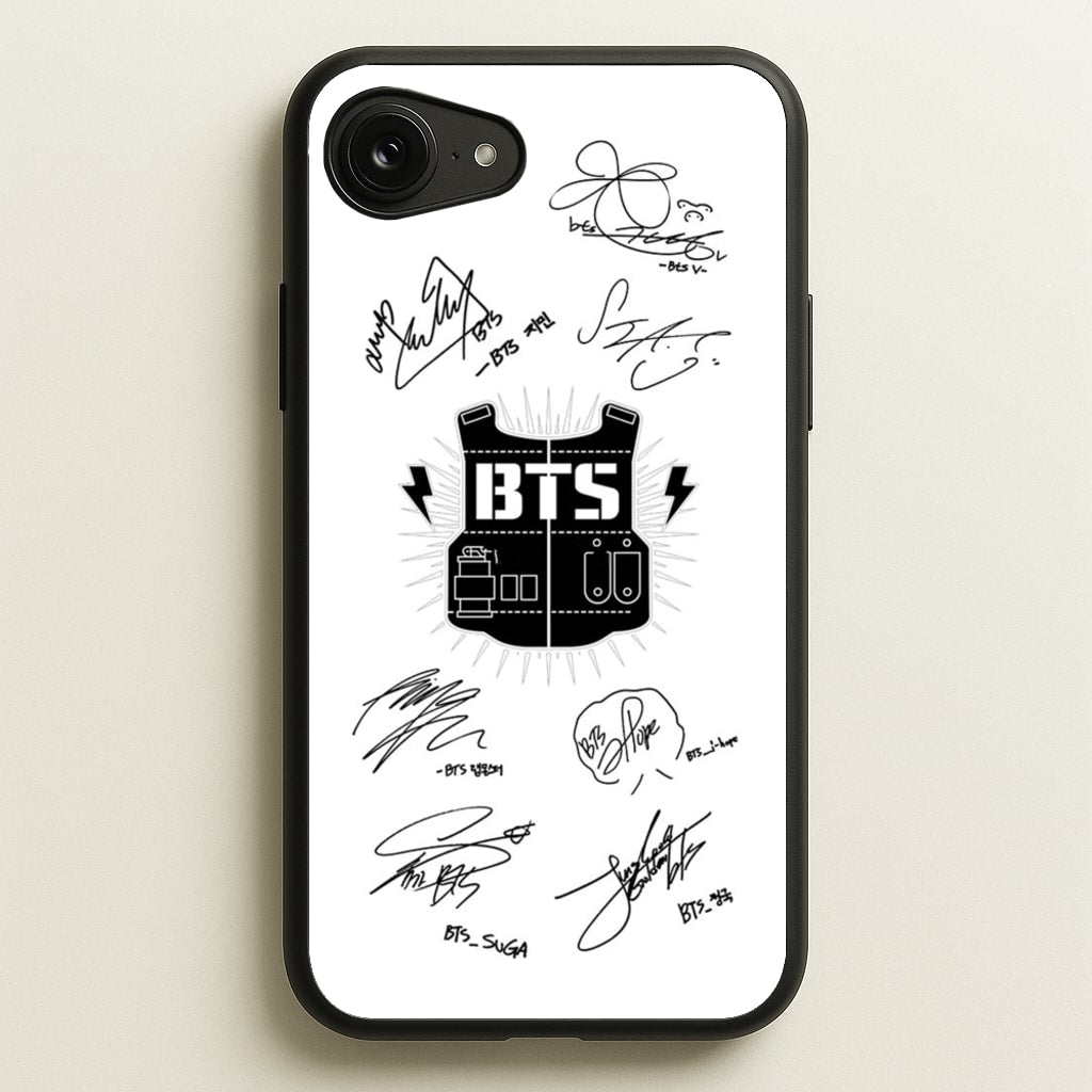 White K-Pop Band Army Logo and Signatures - BTS Phone Case for iPhone 16e