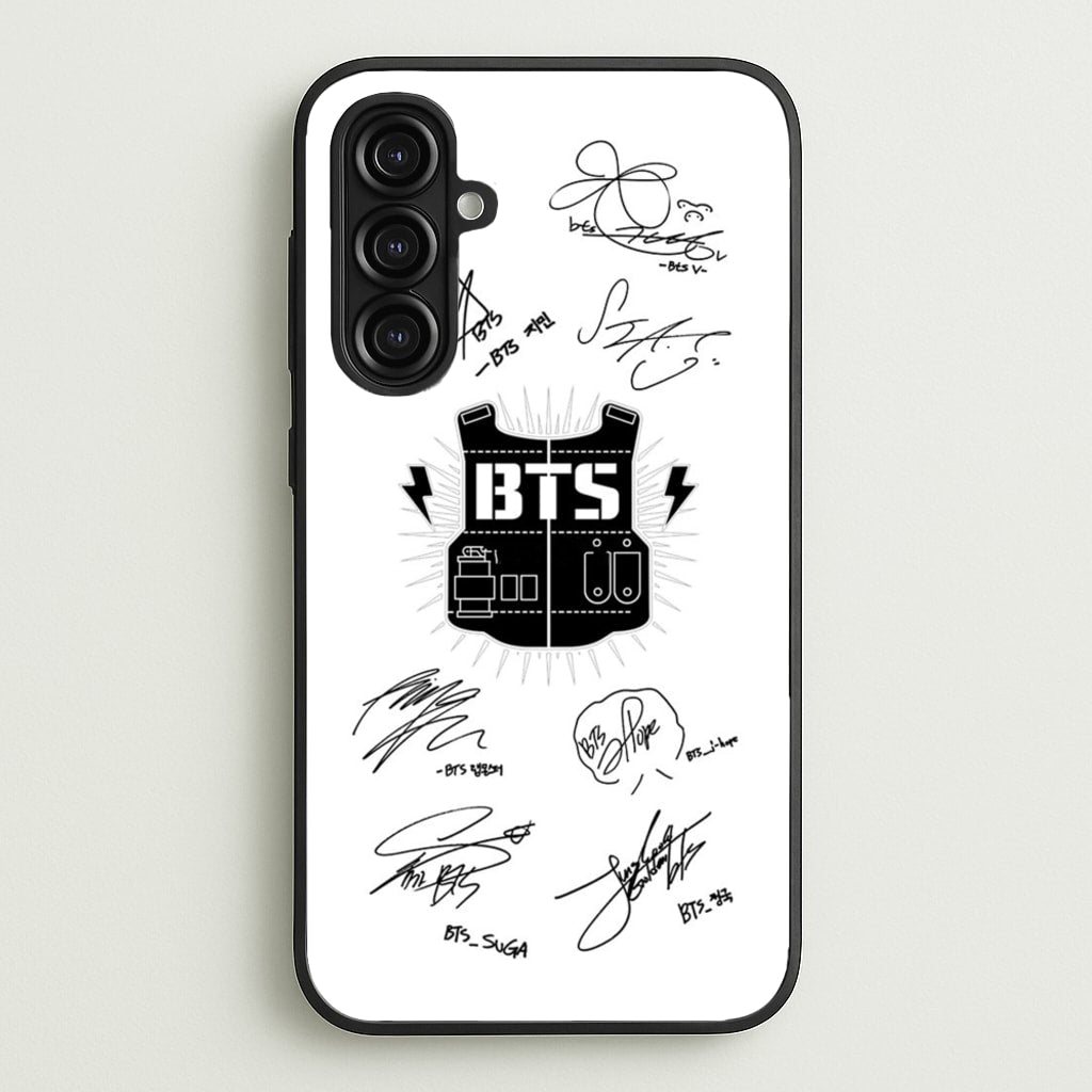 White K-Pop Band Army Logo and Signatures - BTS Phone Case for Galaxy A16