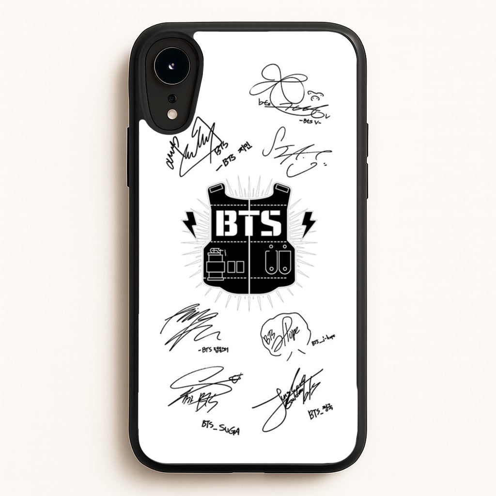 White K-Pop Band Army Logo and Signatures - BTS Phone Case for iPhone XR