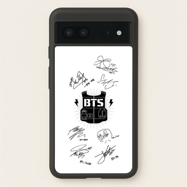 White K-Pop Band Army Logo and Signatures - BTS Phone Case for Google Pixel 7