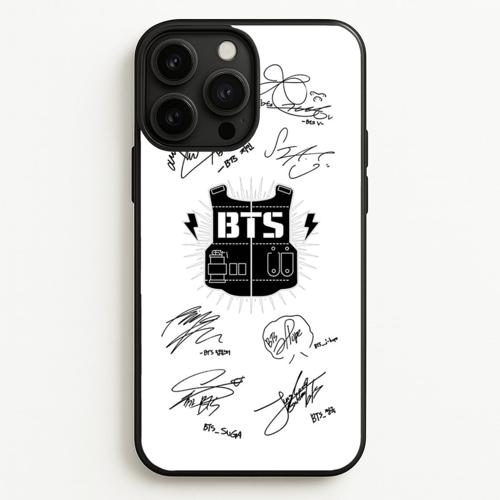 White K-Pop Band Army Logo and Signatures - BTS Phone Case for iPhone 13 Pro Max