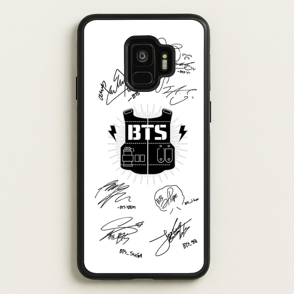 White K-Pop Band Army Logo and Signatures - BTS Phone Case for Galaxy S9