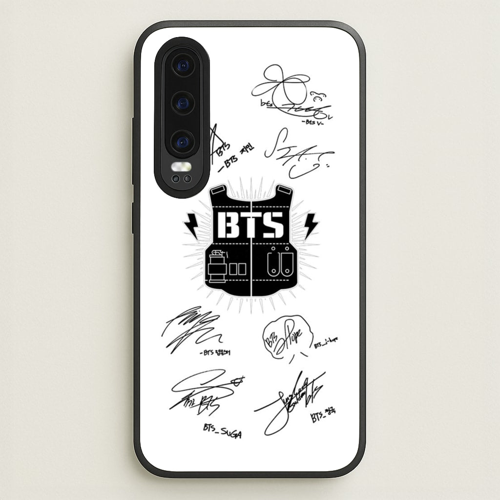White K-Pop Band Army Logo and Signatures - BTS Phone Case for Huawei P30