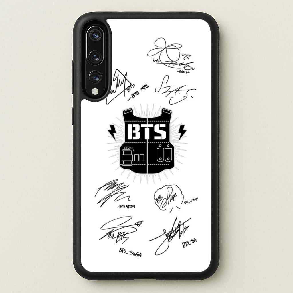 White K-Pop Band Army Logo and Signatures - BTS Phone Case for Huawei P20 Pro