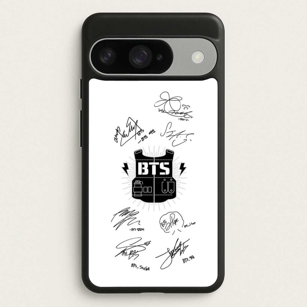 White K-Pop Band Army Logo and Signatures Phone Case for Google Pixel 10 / 10 Pro
