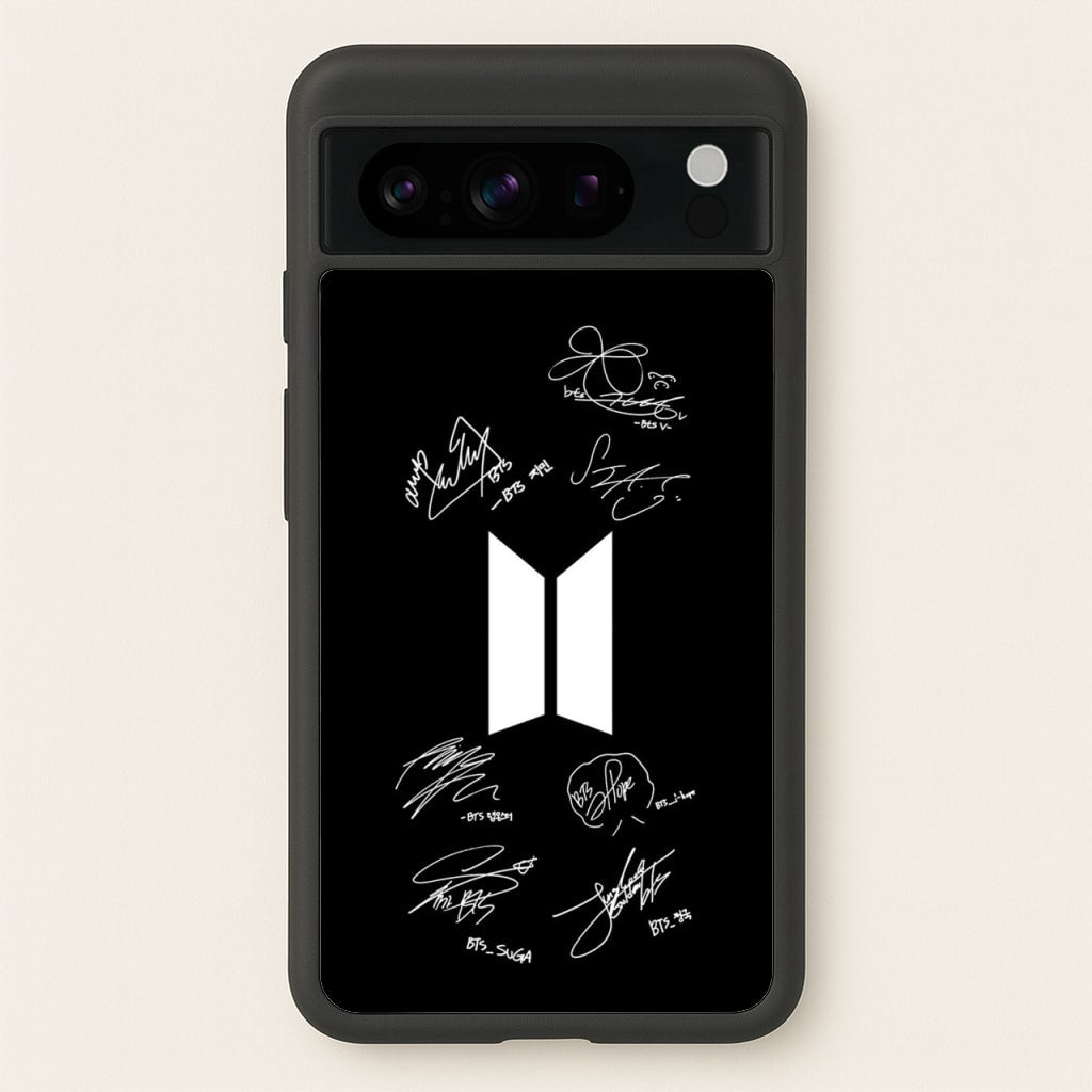 Black K-Pop Band Logo and Signatures - BTS Phone Case for Google Pixel 8 Pro