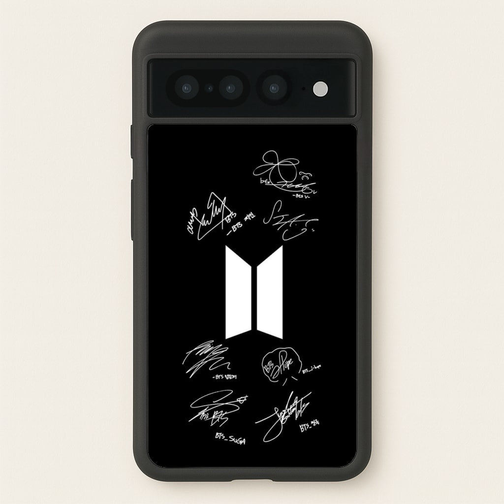 Black K-Pop Band Logo and Signatures - BTS Phone Case for Google Pixel 7 Pro