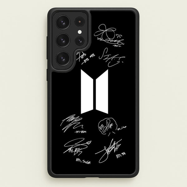 Black K-Pop Band Logo and Signatures - BTS Phone Case for Galaxy S22 Ultra