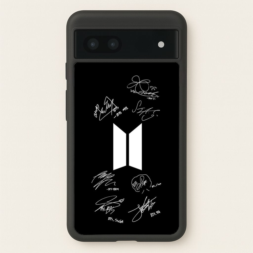 Black K-Pop Band Logo and Signatures - BTS Phone Case for Google Pixel 7a