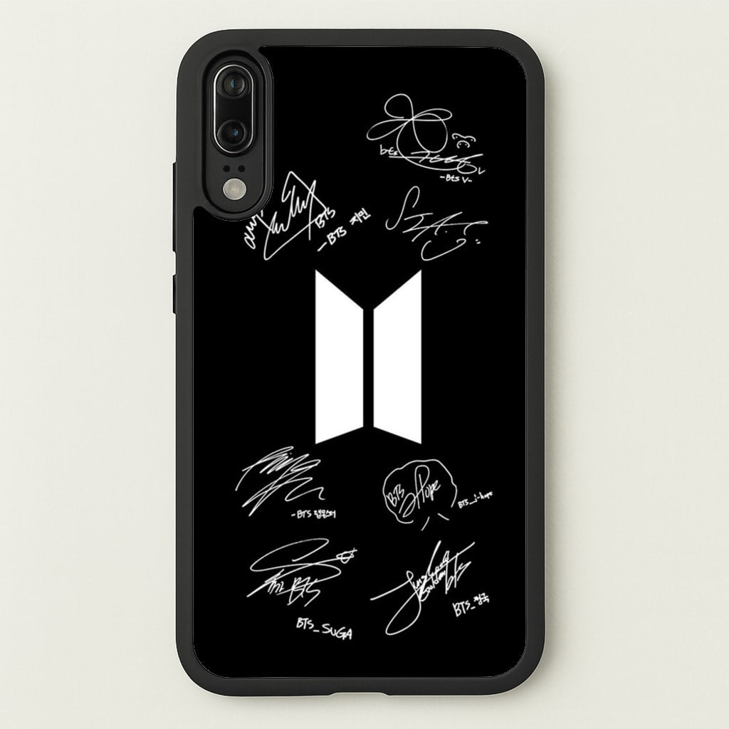 Black K-Pop Band Logo and Signatures - BTS Phone Case for Huawei P20