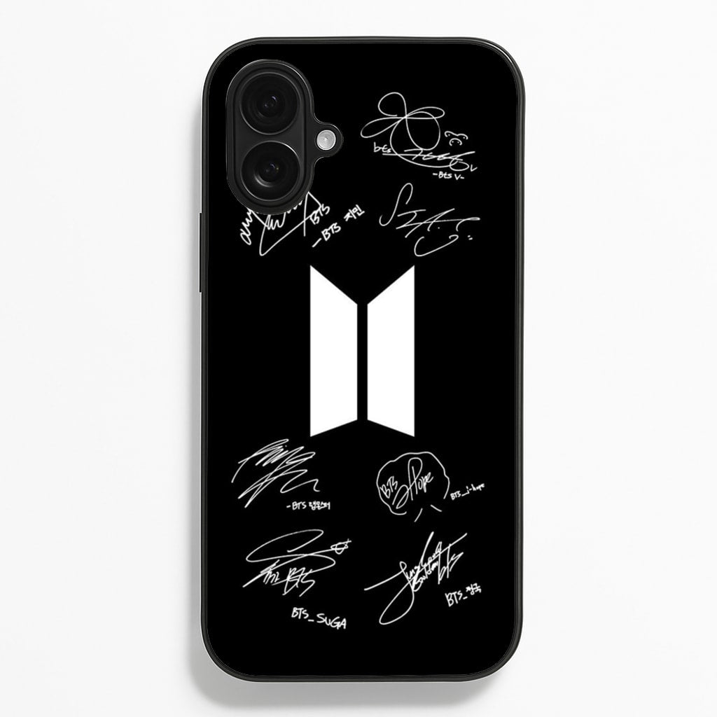Black K-Pop Band Logo and Signatures - BTS Phone Case for iPhone 16 Plus