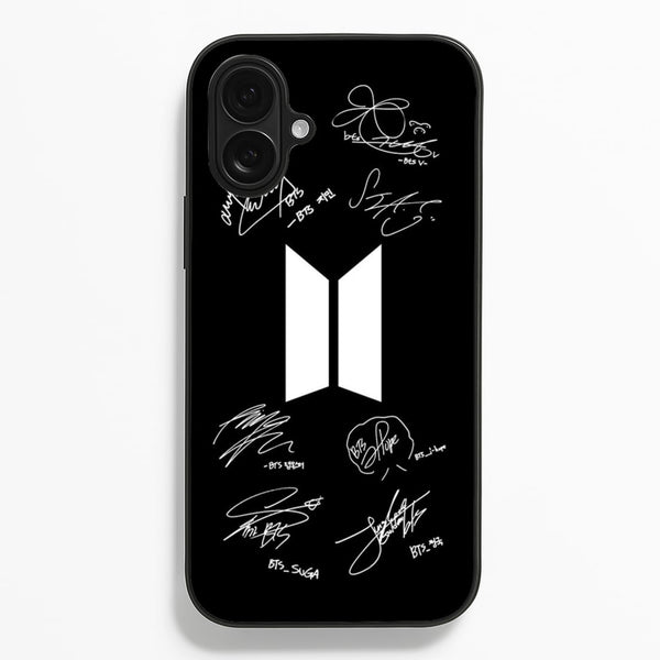Black K-Pop Band Logo and Signatures - BTS Phone Case for iPhone 16 Plus