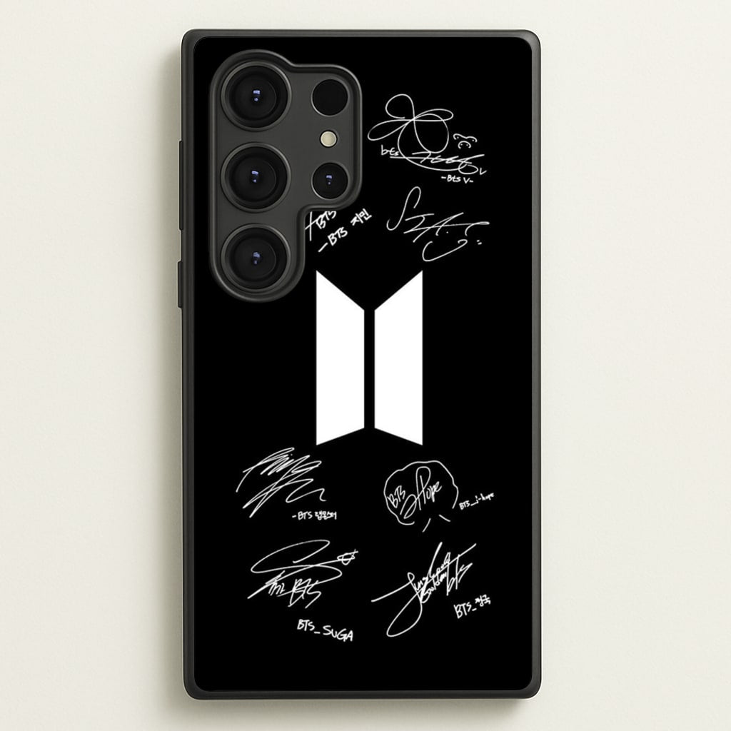Black K-Pop Band Logo and Signatures - BTS Phone Case for Galaxy S25 Ultra