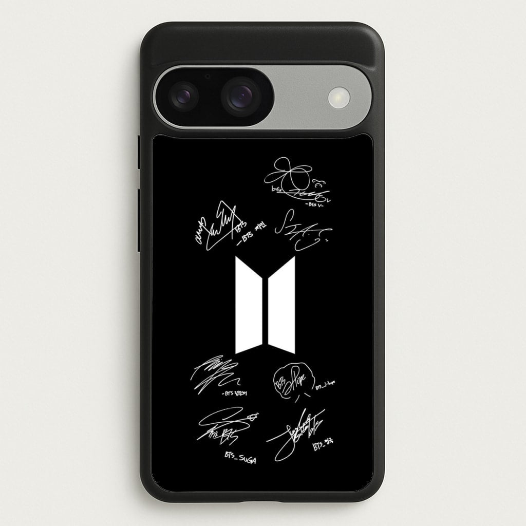 Black K-Pop Band Logo and Signatures - BTS Phone Case for Google Pixel 9 / 9 Pro