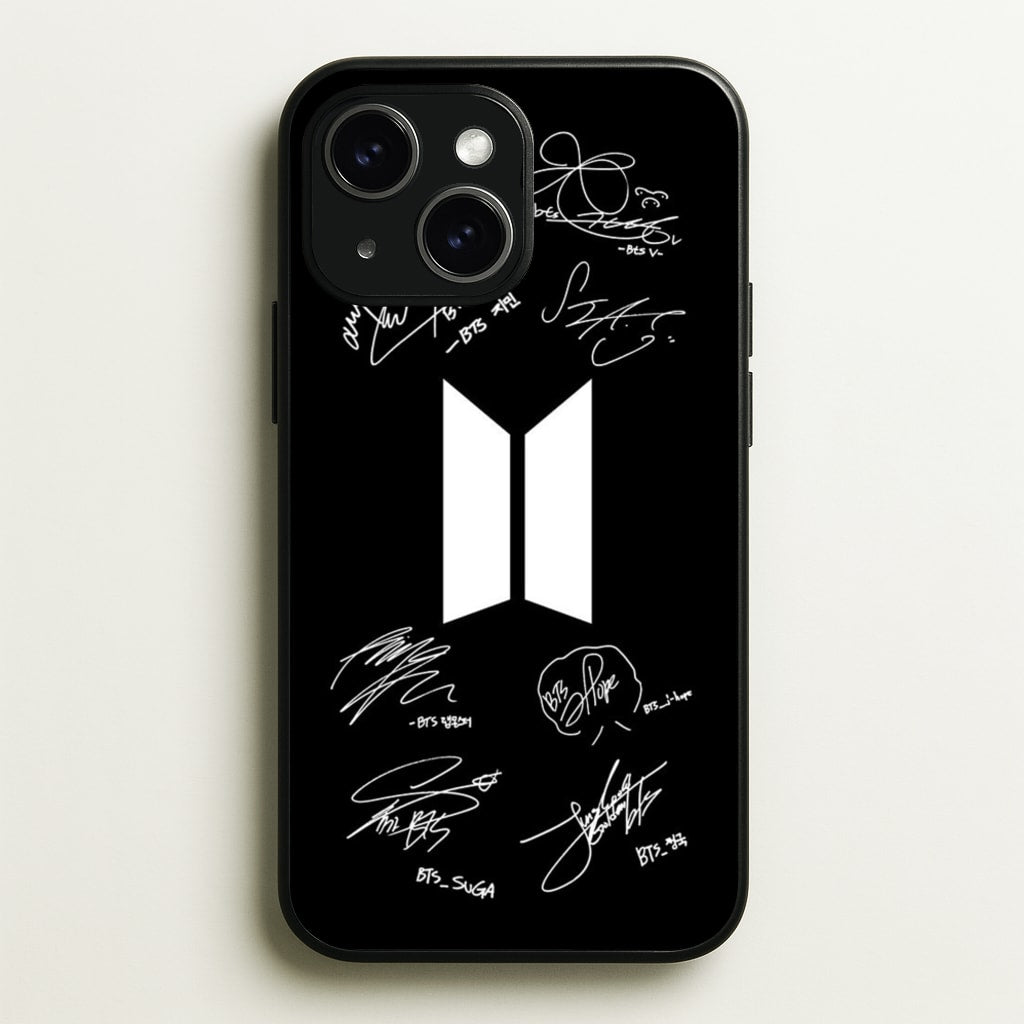 Black K-Pop Band Logo and Signatures - BTS Phone Case for iPhone 15 Plus