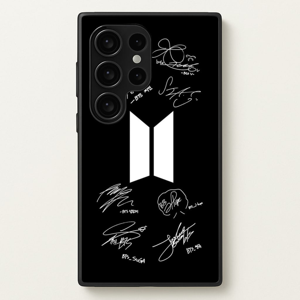Black K-Pop Band Logo and Signatures - BTS Phone Case for Galaxy S24 Ultra