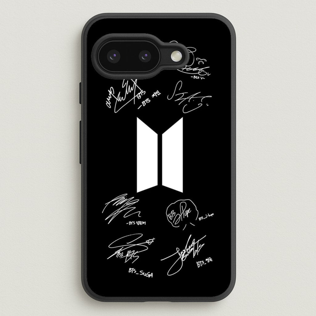 Black K-Pop Band Logo and Signatures - BTS Phone Case for Google Pixel 9a