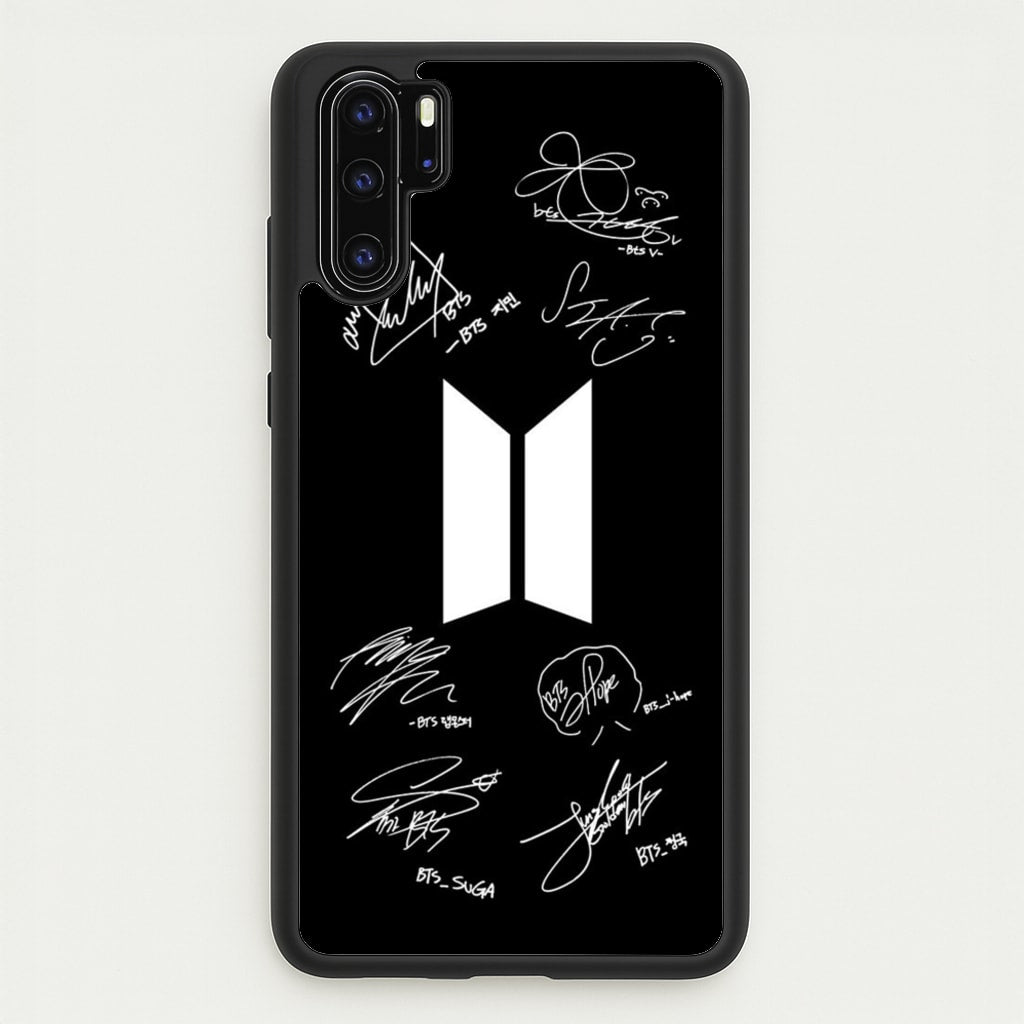Black K-Pop Band Logo and Signatures - BTS Phone Case for Huawei P30 Pro