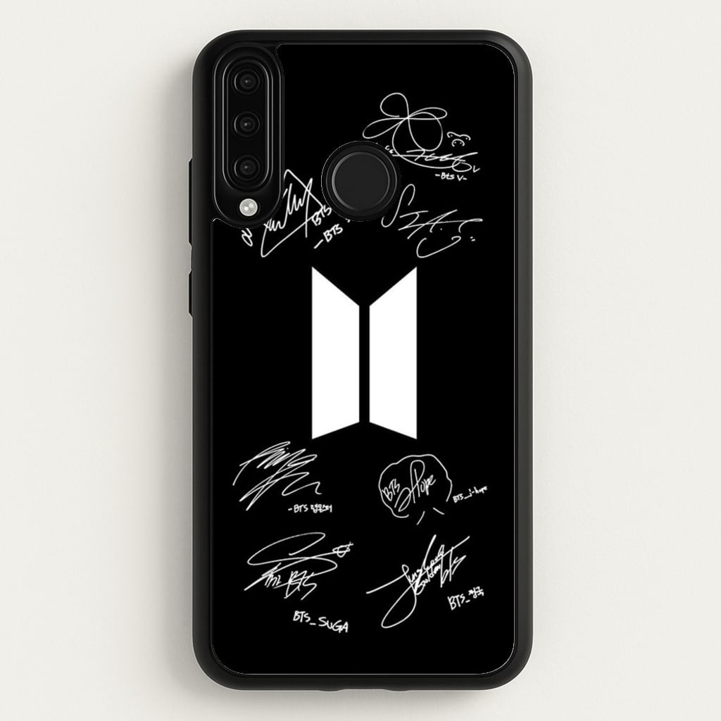 Black K-Pop Band Logo and Signatures - BTS Phone Case for Huawei P30 Lite