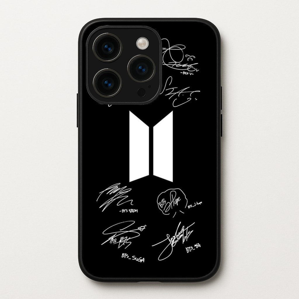 Black K-Pop Band Logo and Signatures - BTS Phone Case for iPhone 15 Pro