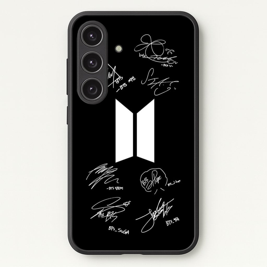 Black K-Pop Band Logo and Signatures - BTS Phone Case for Galaxy S24FE