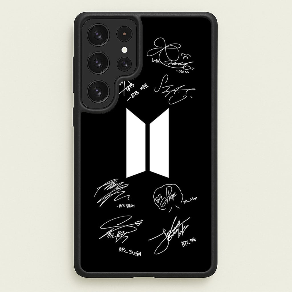 Black K-Pop Band Logo and Signatures - BTS Phone Case for Galaxy S23 Ultra