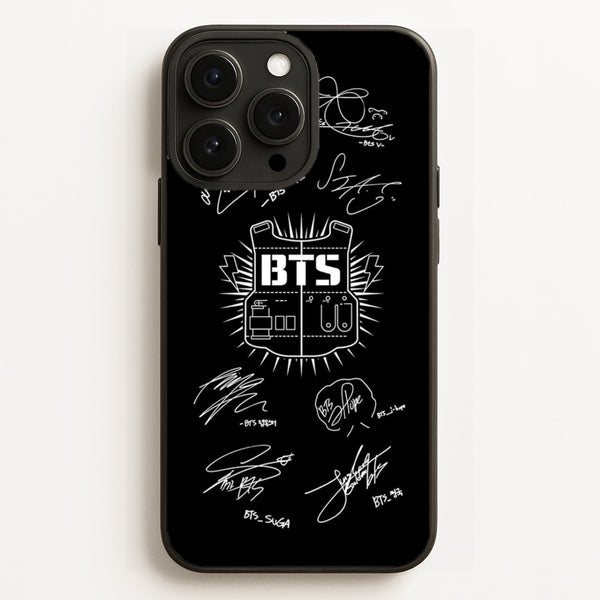 Black K-Pop Band Army Logo and Signatures - BTS Phone Case for iPhone 16 Pro Max
