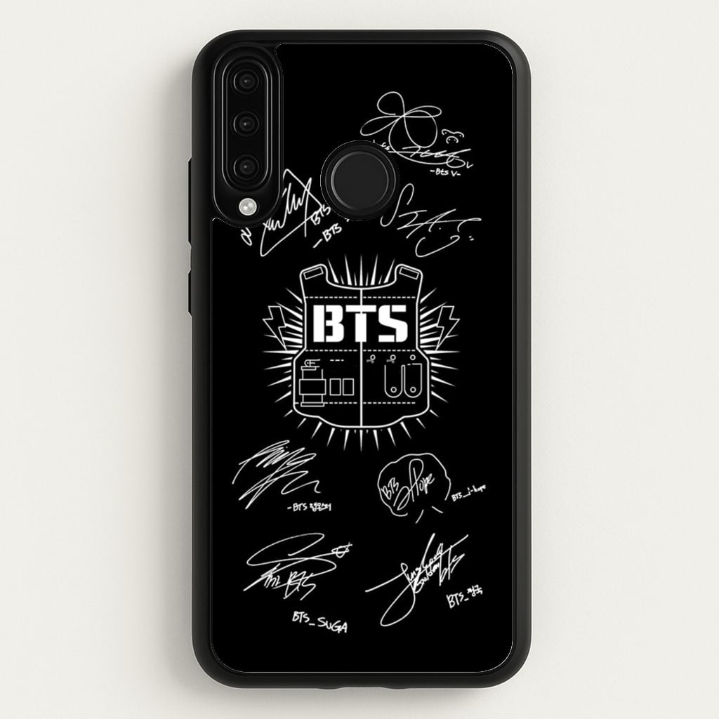 Black K-Pop Band Army Logo and Signatures - BTS Phone Case for Huawei P30 Lite